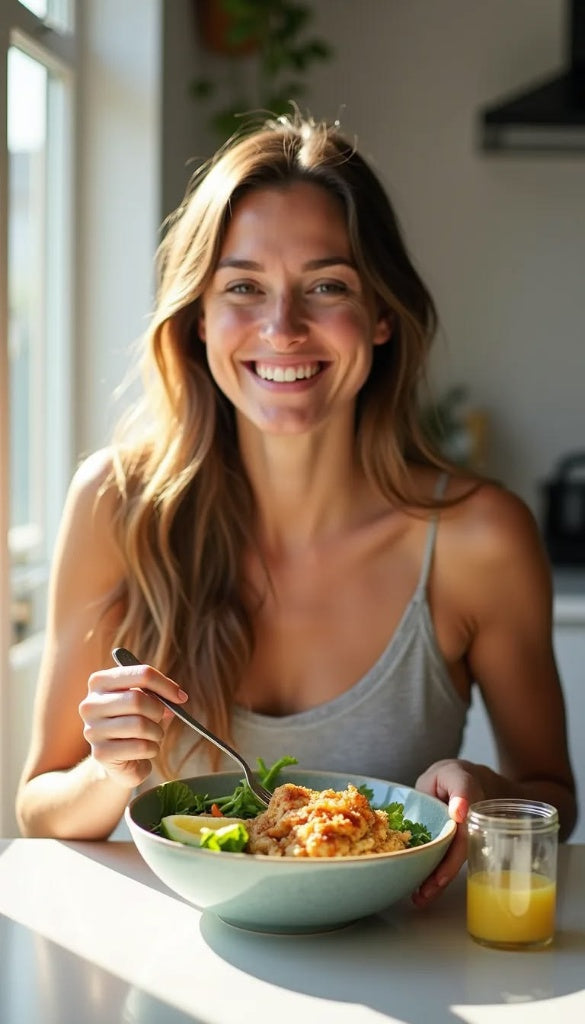 Mujer feliz con digestión saludable